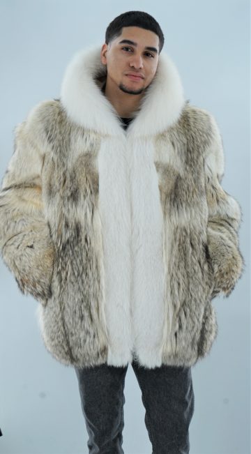 Mens Coyote Fur Jacket White Fox Trim Hood Marc Kaufman Furs