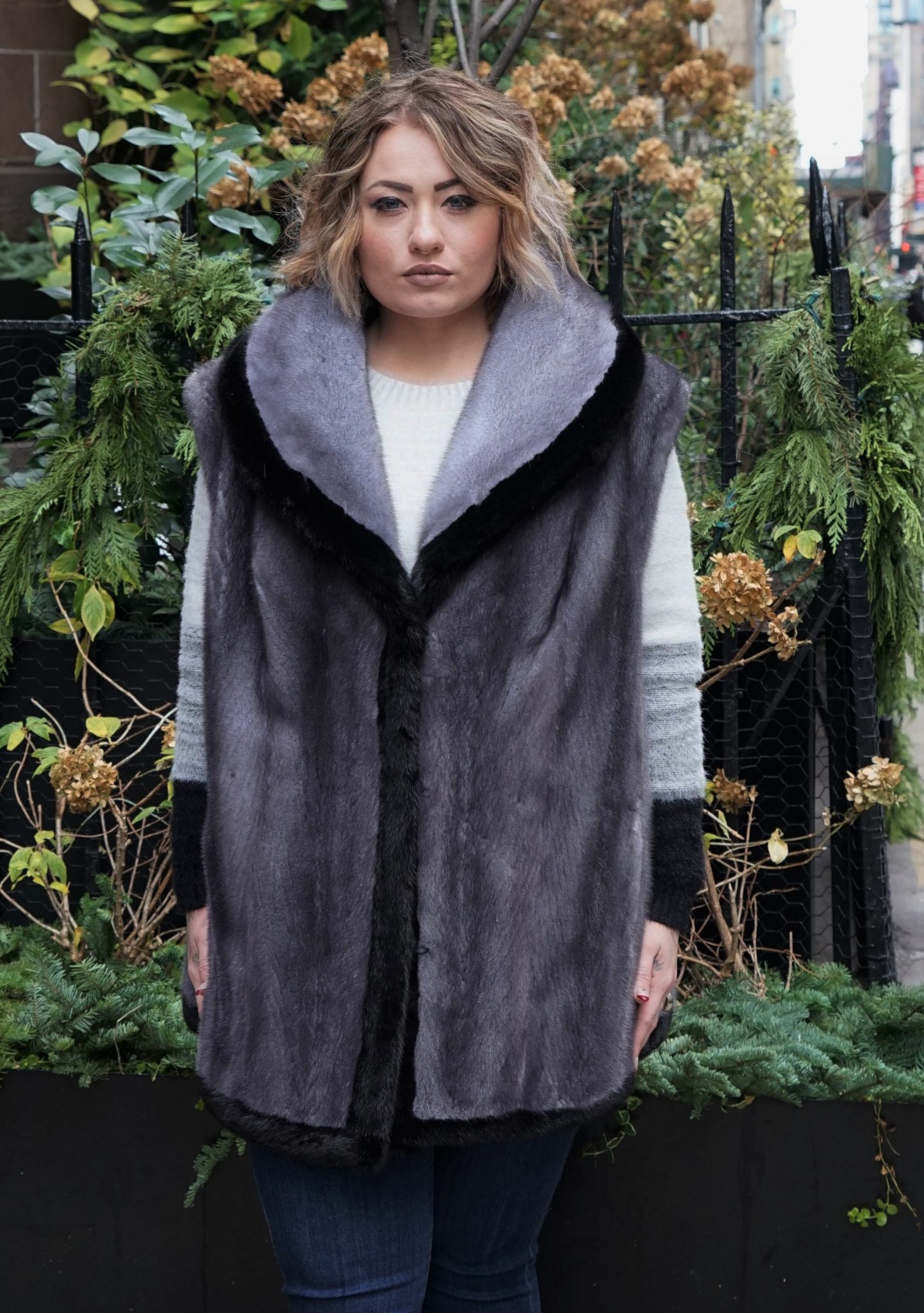 Plus Size Blue Iris Mink Vest Ranch Mink Trim 48322 MARC KAUFMAN FURS