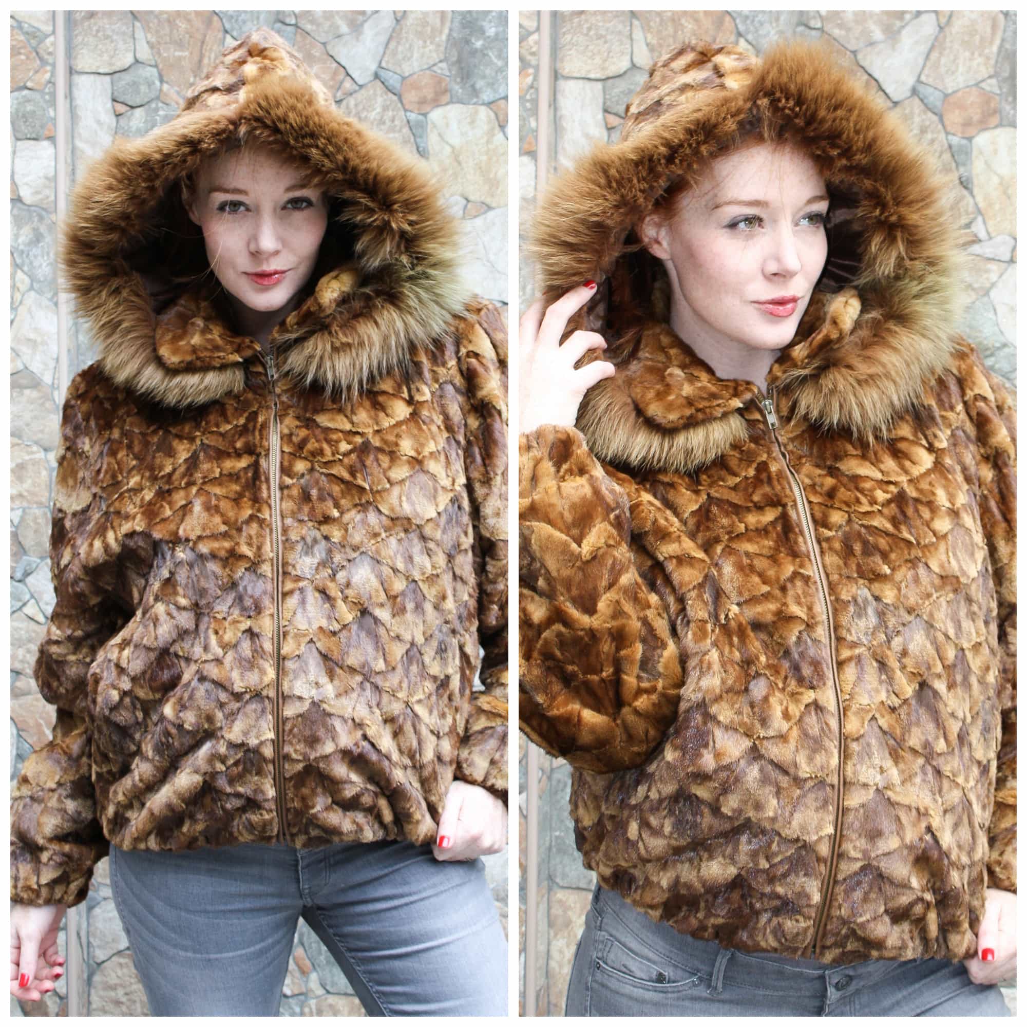 Hooded Whiskey-colored Sculptured Mink Jacket, now on Clearance from Marc Kaufman Furs NYC For a limited time -- only $595 --