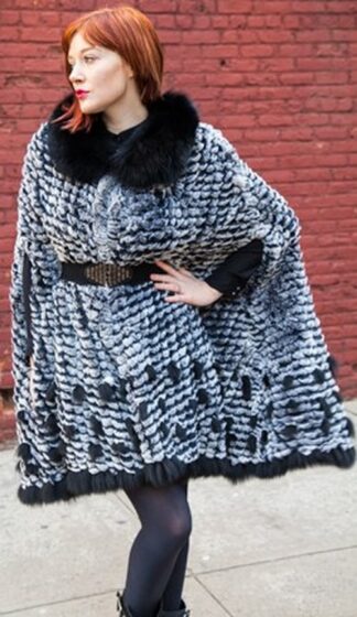 Sheared Rex Rabbit Cape Black Fox Fur Collar 7788