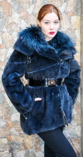 Blue Mink Jacket Dyed Blue Silver Fox Fur Trim 773479