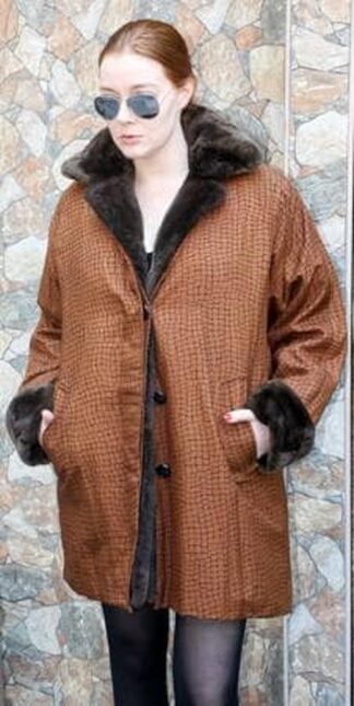 Full Length Brick Microfiber Coat Nutria Fur Lining 77825