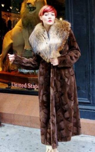 Full Length Brown Sheared Mink Fur Coat Raccoon Collar 66111
