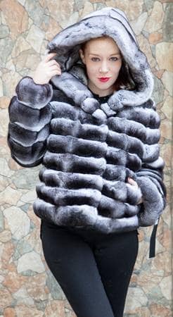 Fabulous Hooded Chinchilla Fur Horizontal Design Jacket 23499