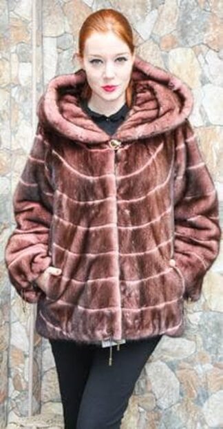 Hooded Rose Mink Fur Jacket Sheared Mink Fur Inserts 885411