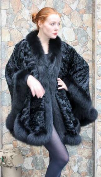 Elegant Black Persian Swakara Fur Cape Black Fox Fur Trim 26677
