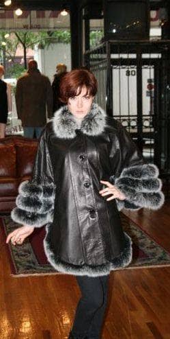 Black Leather Swing Stroller Fox Fur Collar Trim