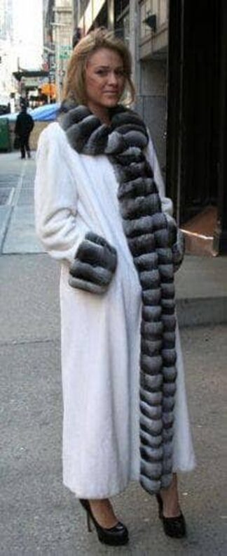 White Mink Fur Coat with Chinchilla Fur Trim Collar and Cuffs from Marc Kaufman Furs New York City,Fur coats in Argentina, fur coats in Chile, fur coats in Venezuela, fur coats in Australia, fur coats in Belgium,fur coats in Netherlands, fur coats in Norway,fur coats in Sweden,fur coats in Dubais,fur coats in Egypt,fur coats in Egypt,fur coats in Kuwait, fur coats in South Africa,fur coats in Tunisia,fur coats in the Falklands