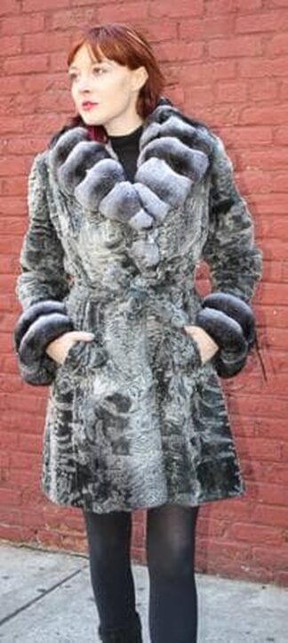 Grey Swakara Stroller with Chinchilla Collar and Cuffs from Marc Kaufman Furs New York City, Atlanta,Los Angeles,Denver, Chicago, Detroit , Dallas, St. Louis, Lincoln