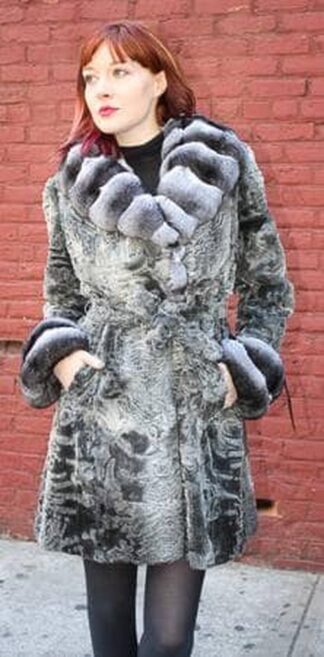 Grey Swakara Stroller with Chinchilla Collar and Cuffs from Marc Kaufman Furs New York City, Atlanta,Los Angeles,Denver, Chicago, Detroit , Dallas, St. Louis, Lincoln