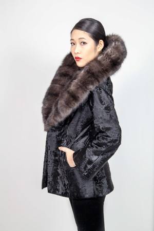 Black Russian Broadtail Fur Jacket with Wide Russian Sable Shawl Collar