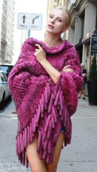 Plus Size Hot Pink Knit Mink Fur Poncho with Fur Fringes from Marc Kaufman Furs New York City, Atlanta,Los Angeles,Denver, Chicago, Detroit , Dallas, St. Louis, Lincoln