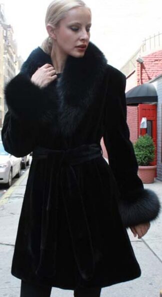 Black Sheared Mink Fur Stroller with Black Fox Collar Cuffs and Belt  from Marc Kaufman Furs New York City, furs in Boston,furs in Chicago,furs in Philadelphia,furs in Detroit,furs in Columbus,furs in Indianapolis,furs in Baltimore,furs in Memphis,furs in Washington DC,furs in Milwaukee,furs in Atlanta,furs in Virginia Beach,furs in Cleveland,furs in Pittsburgh,furs in Cincinnati,furs in Lexington