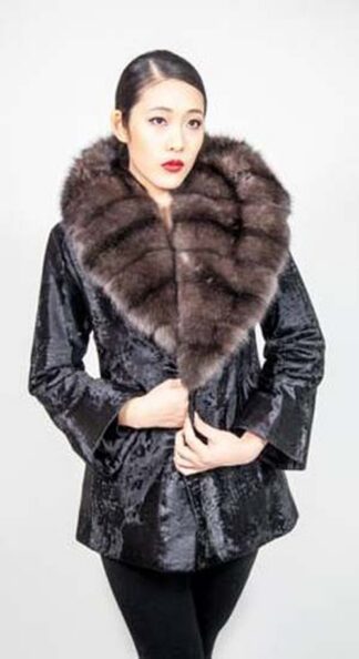 Black Russian Broadtail Fur Jacket with Wide Russian Sable Collar from Marc Kaufman Furs New York City, Atlanta,Los Angeles,Denver, Chicago, Detroit , Dallas, St. Louis, Lincoln