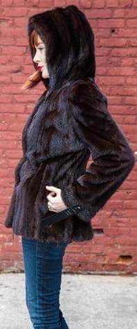 Dark Brown Mahogany Hooded Mink Fur Jacket Drawstring Waist