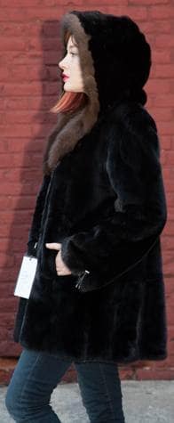 Classic Black Ranch Mink Fur Stroller Russian Sable Fur Lined Hood