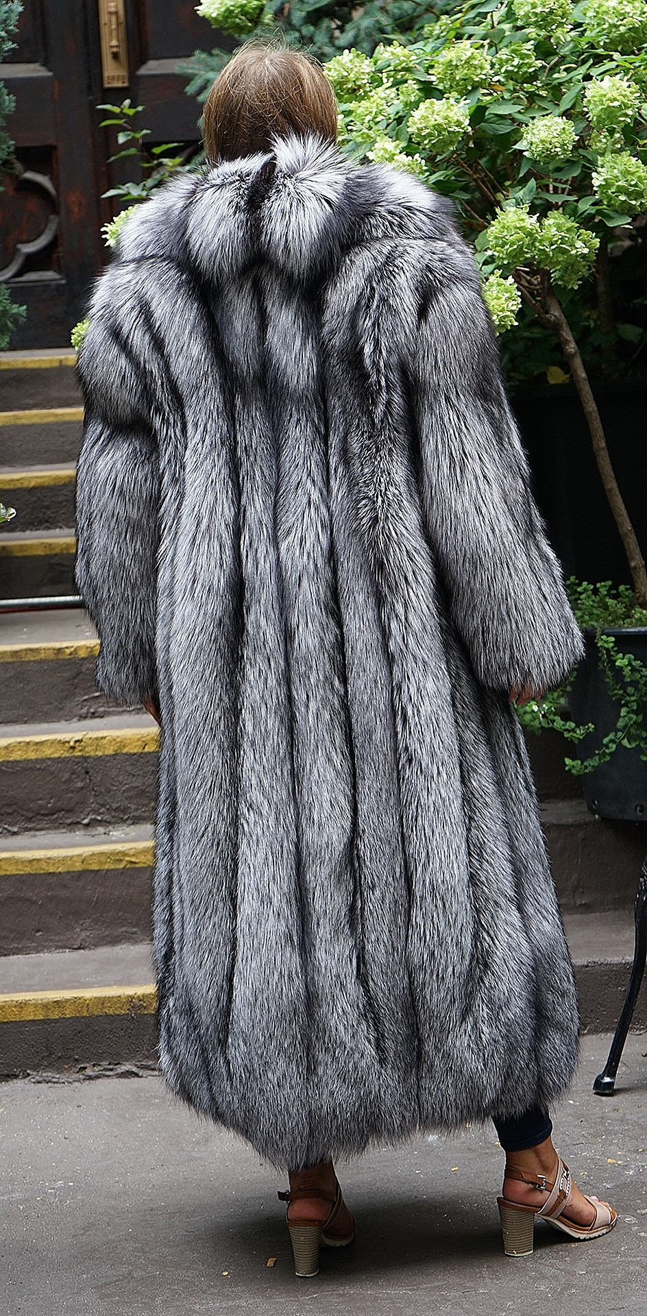 Full Length Silver Fox Coat Cross Cut Tuxedo
