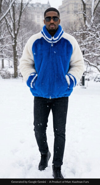 Blue White Mink Fur Men's Varsity Jacket