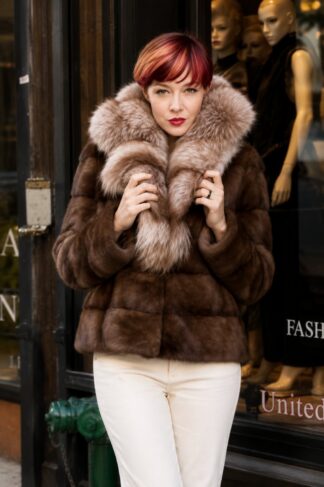 Brown Mink Jacket Crystal Fox Fur Collar 99887