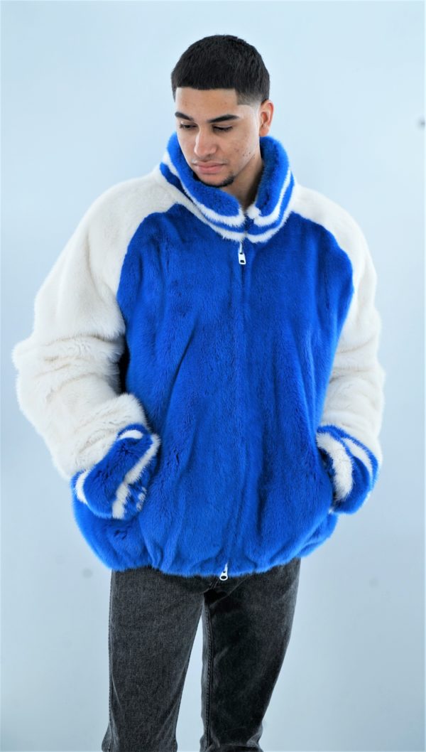 Blue White Mink Fur Men's Varsity Jacket