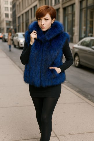 Dyed royal blue silver fox fur vest with a stand collar, worn on a city street.
