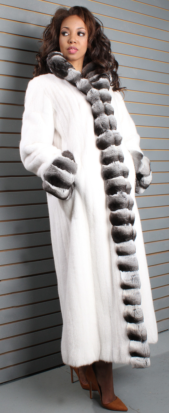 Full Length Sheared Mink Coat with Chinchilla Fur Tuxedo Trim CHinchilla Fur Collar and Chinchilla Fur Cuffs