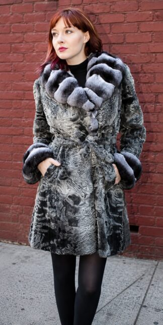 Grey Swakara Stroller with Chinchilla Collar and Cuffs from Marc Kaufman Furs New York City, Atlanta,Los Angeles,Denver, Chicago, Detroit , Dallas, St. Louis, Lincoln
