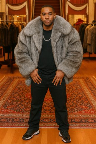 An indigo fox bomber jacket with a wide collar and voluminous sleeves, worn open.