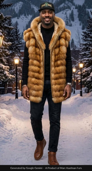 A red fox fur vest with a matching hood, worn open over a black sweater.