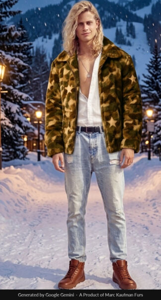 Army fatigue mink fur jacket with notched collar, worn open over jeans.