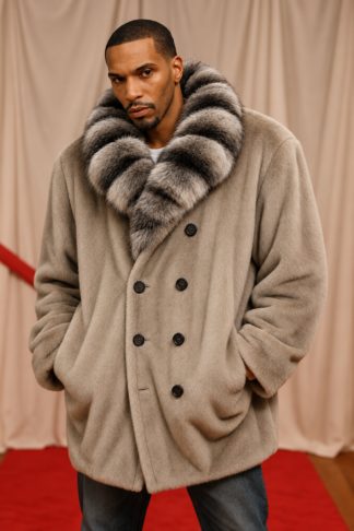 Men’s Sapphire Mink Fur Stroller with Chinchilla Fur Collar in Taupe Gray – Marc Kaufman Furs