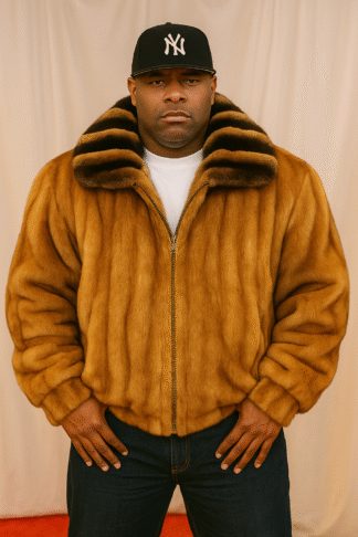 Men's whiskey mink bomber jacket with a chinchilla whiskey wing collar, worn open over a white tee.