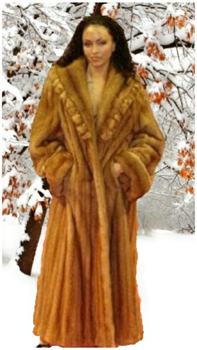 Whiskey mink fur coat full length ruffled shawl collar