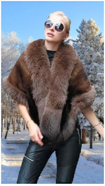 brown mink fur cape brown fox trim