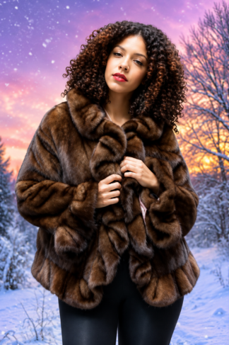 plus size mahogany ruffled mink fur jacket
