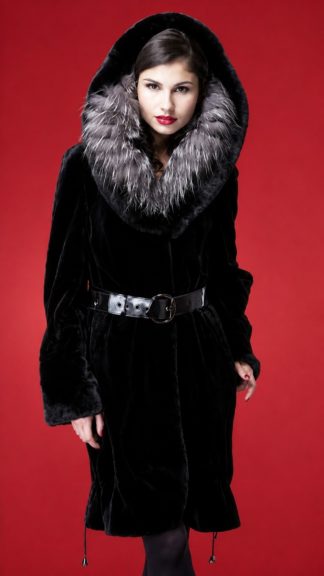 Black Sheared Mink Stroller Silver Fox Fur Trim Belt