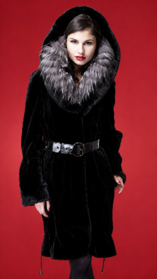 Black Sheared Mink Stroller Silver Fox Fur Trim Belt