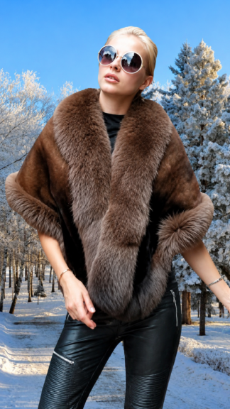 degrade brown mink fur cape brown fox trim