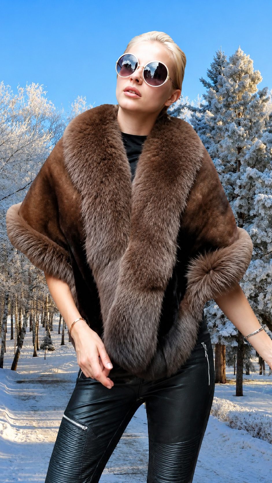 degrade brown mink fur cape brown fox trim