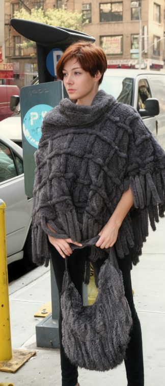 Blue iris knit mink poncho with cowl neck, fringe, and matching pocketbook worn outdoors.