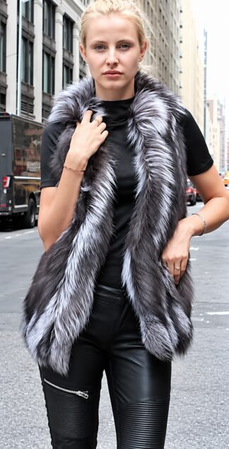 Woman wearing a sleeveless sectioned silver fox vest, open at the front, over a black top and leather trousers