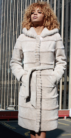 Cream Colored Shearling Fur Coat with Mink Fur Trim and Hood