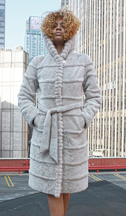 Cream Colored Shearling Fur Coat with Mink Fur Trim and Hood