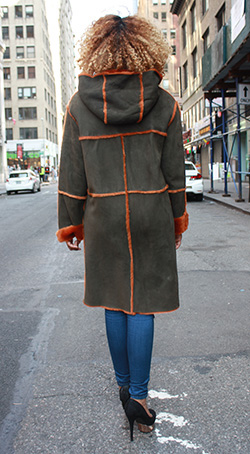 Dark Olive Green Shearling Fur Coat with Dyed Orange Fur Trim and Lining