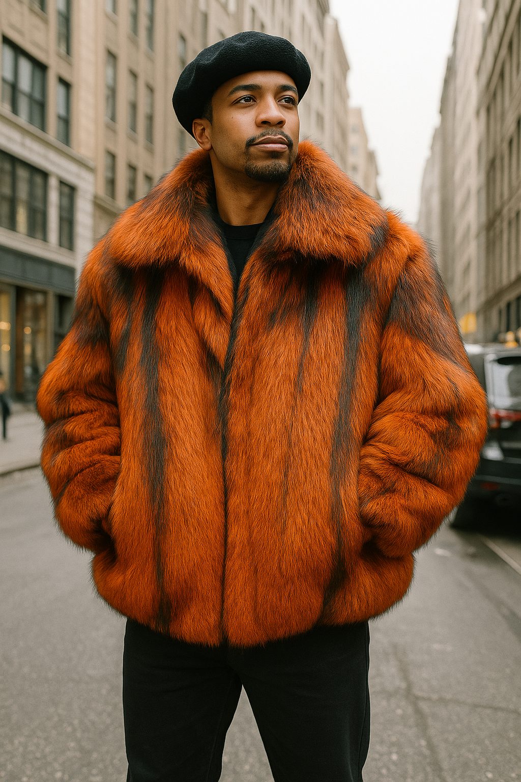 An orange fox bomber jacket with a wide collar and cuffed hem, worn on a city street.