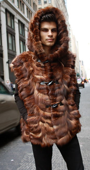 Brown Sculptured Fox Fur Vest With Hood