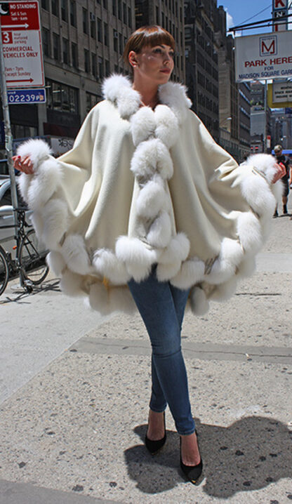 White Cashmere Cape with Hood and Fox Fur Trim – MARC KAUFMAN FURS