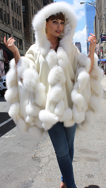 White Cashmere Cape with Hood and Fox FurTrim