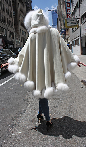 White Cashmere Cape with Hood and Fox FurTrim