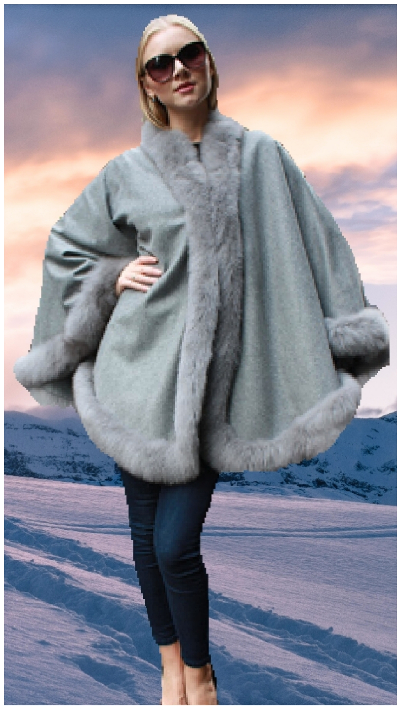light grey cashmere cape fox fur trim